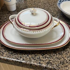 Elegant White and Red China Set with Gold Accents